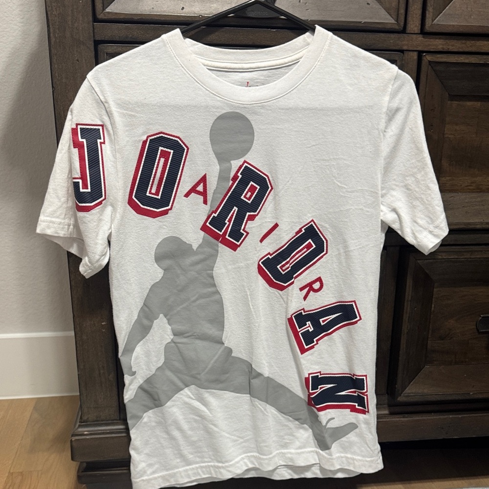 Jordan White T-Shirt with Red and Black Accents